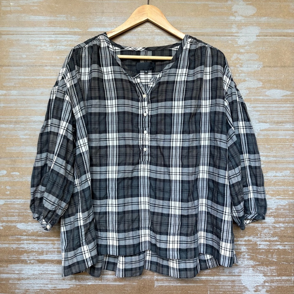 Nili Lotan Paloma Plaid Cotton Blouse Preppy Classic Fall Womens M